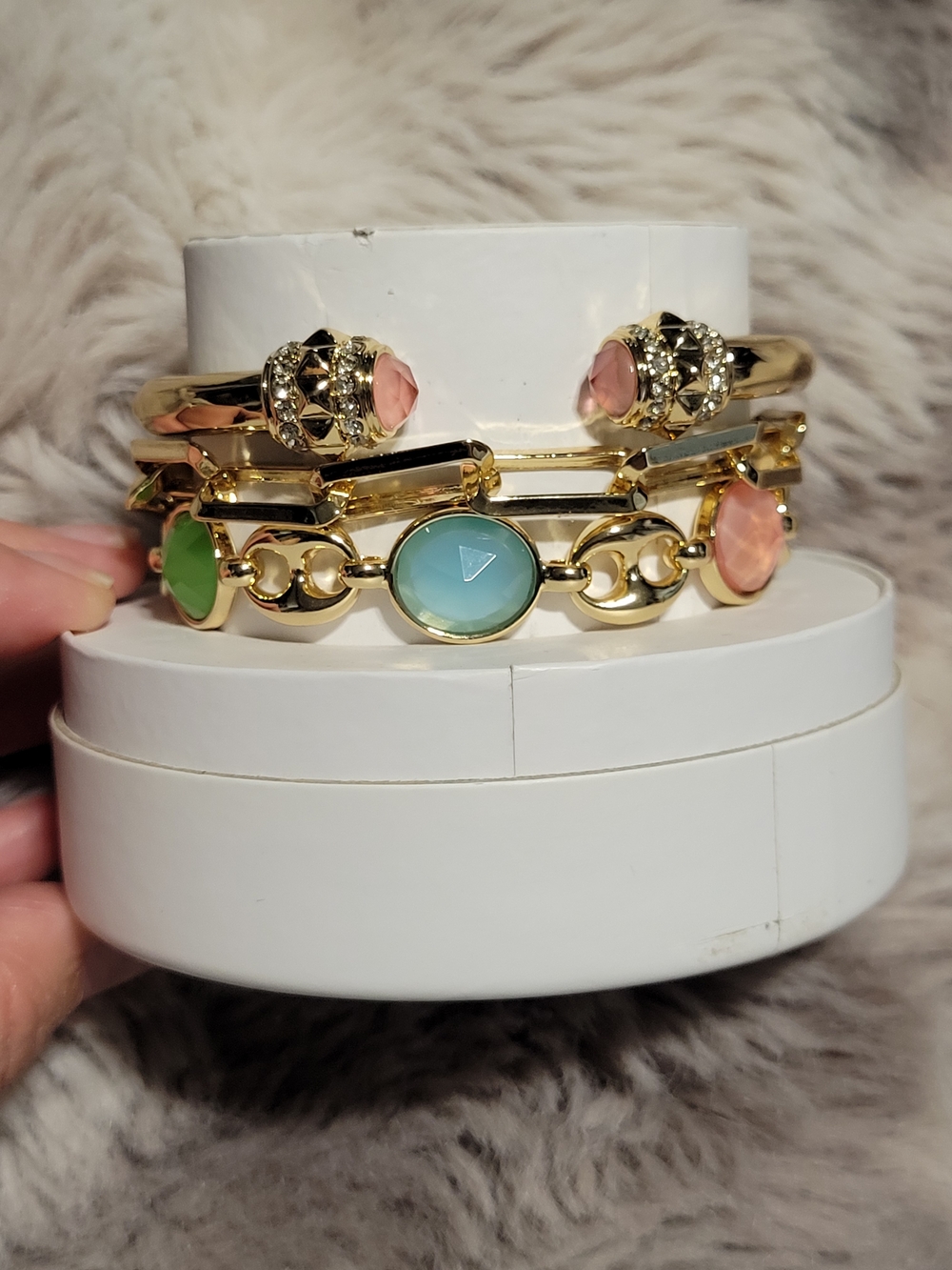 FREE OG W/purchasGold-Tone Stackable Stone Bracelet Set in Green, Blue, and Pink